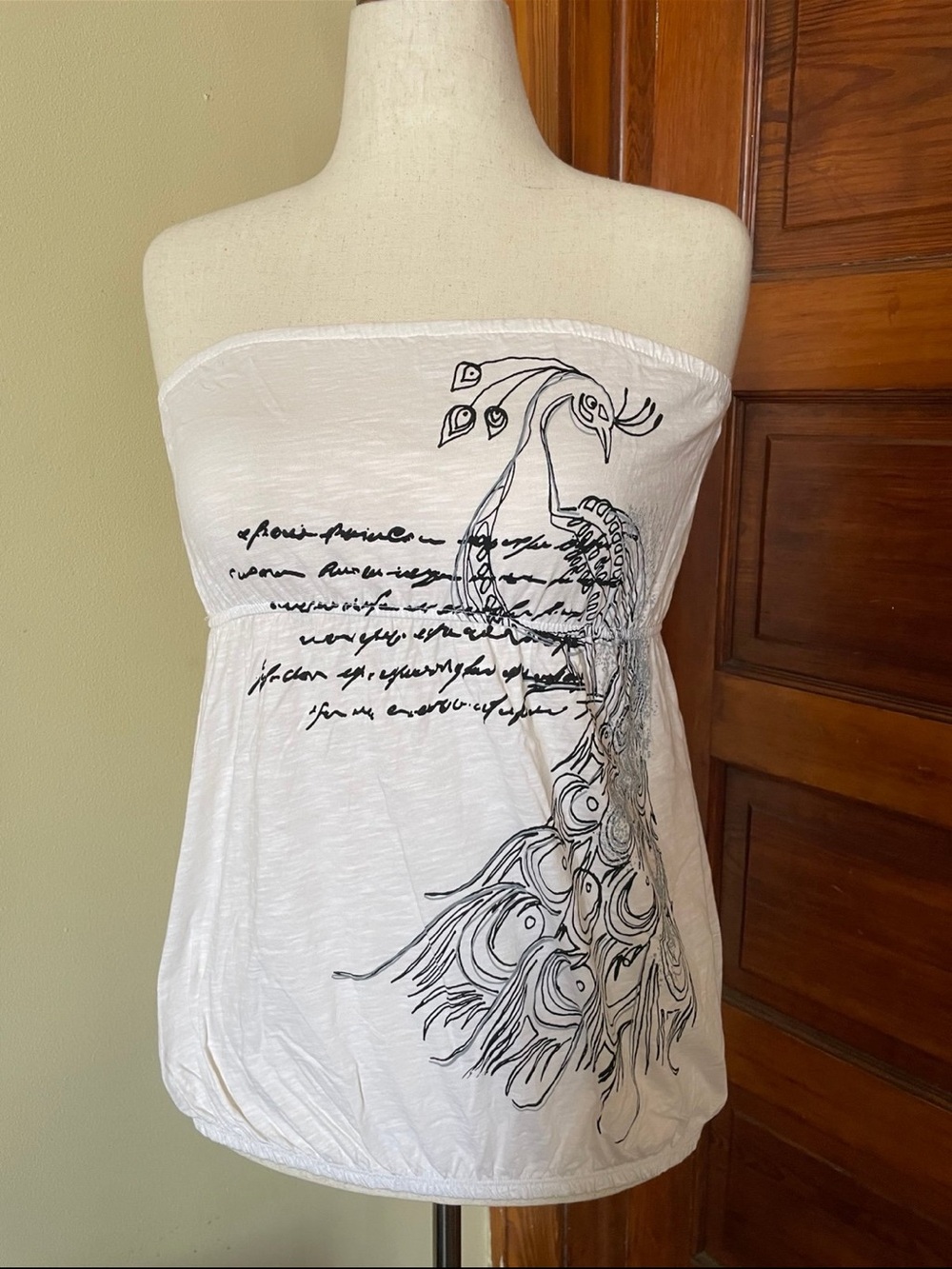 White Strapless Tube Top with Black Peacock Print